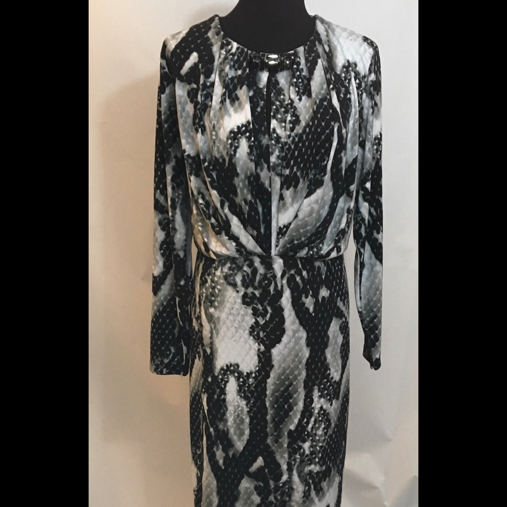 Jones New York Black and White Long Sleeve Snake Print Dress